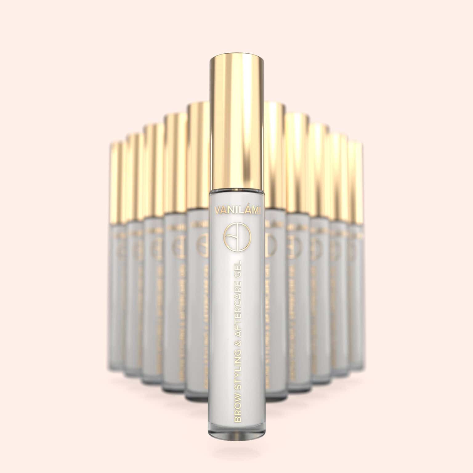 Multiple skincare bottles  of Brow Daddy VANILÁMI Brow Styling Aftercare with gold caps on a light pink background