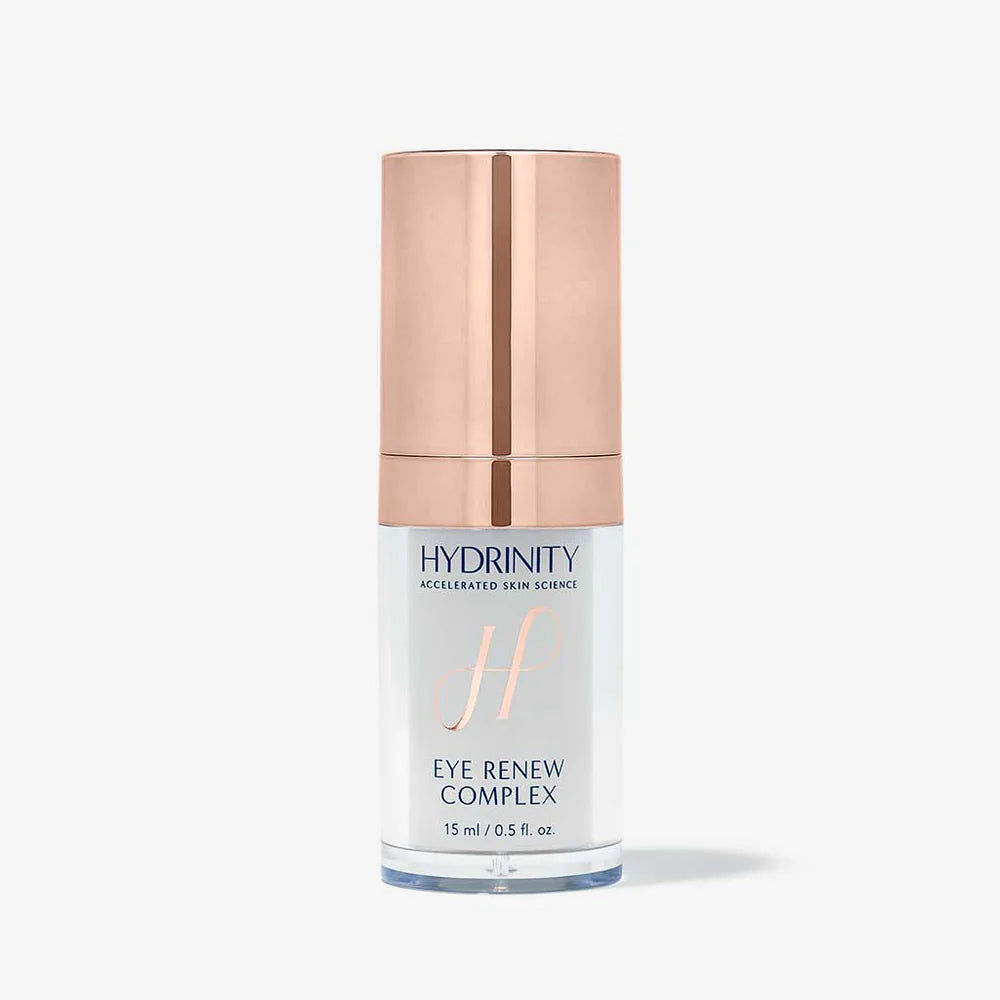 Skincare bottle labeled 'Hydrinity Eye Renew Complex' on a white background