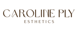 The logo for Caroline Ply Esthetics, featuring the brand name in a dark brown serif font on a white background with a faint gray and white checkerboard pattern.