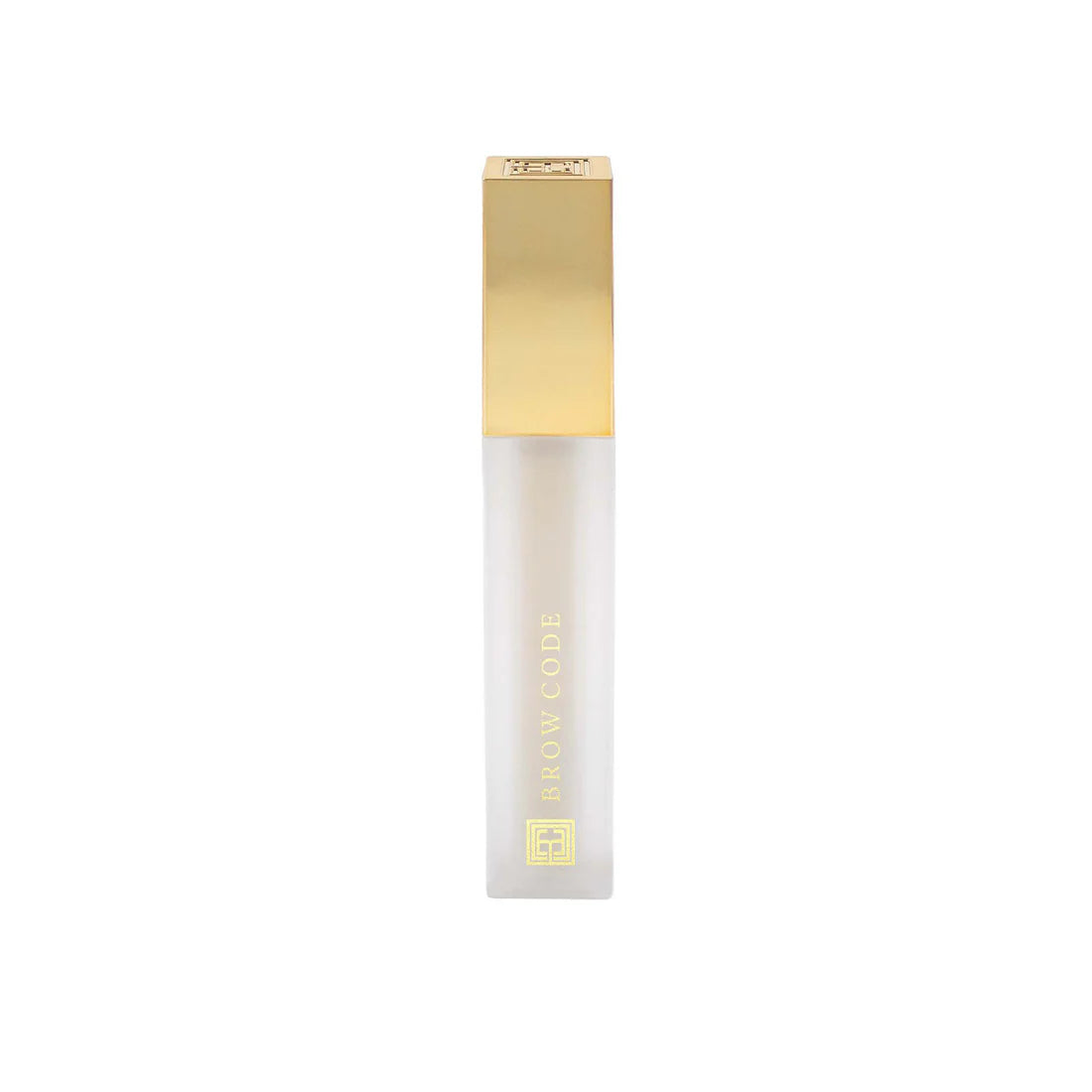Brow lamination gel tube with gold cap placed against a white background..