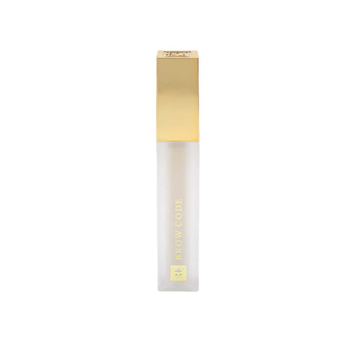 Brow lamination gel tube with gold cap placed against a white background..