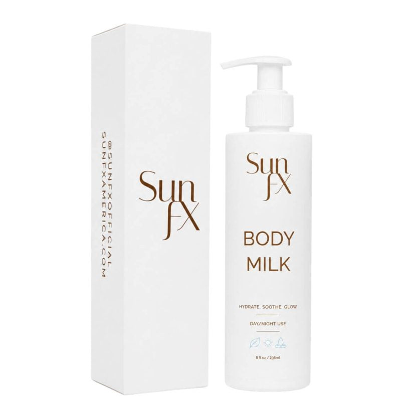 Sun FX Body Milk pump bottle next to its white packaging box, both featuring brown text on a clean white background.