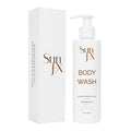 Sun FX Body Wash bottle with a white pump dispenser next to its white packaging box, both featuring brown text on a clean white background.