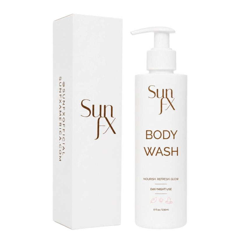 Sun FX Body Wash bottle with a white pump dispenser next to its white packaging box, both featuring brown text on a clean white background.
