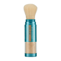 Makeup brush with blue handle and beige bristles on a white background
