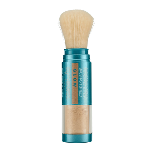 Makeup brush with blue handle and beige bristles on a white background
