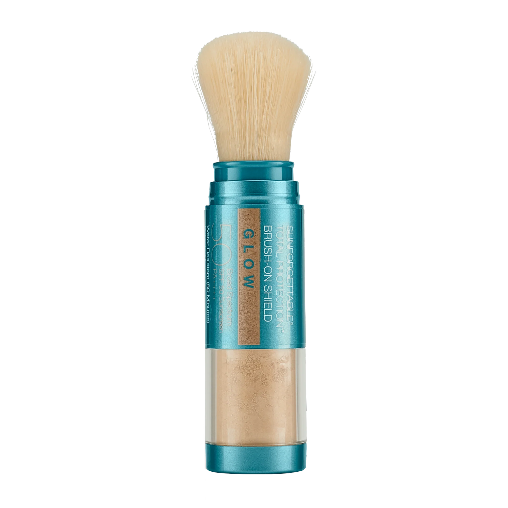 Makeup brush with blue handle and beige bristles on a white background