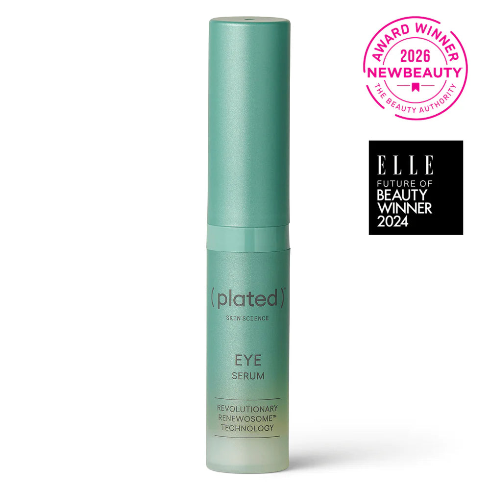 Green eye serum bottle with awards from The Beauty Authority and Elle Magazine  on a white background