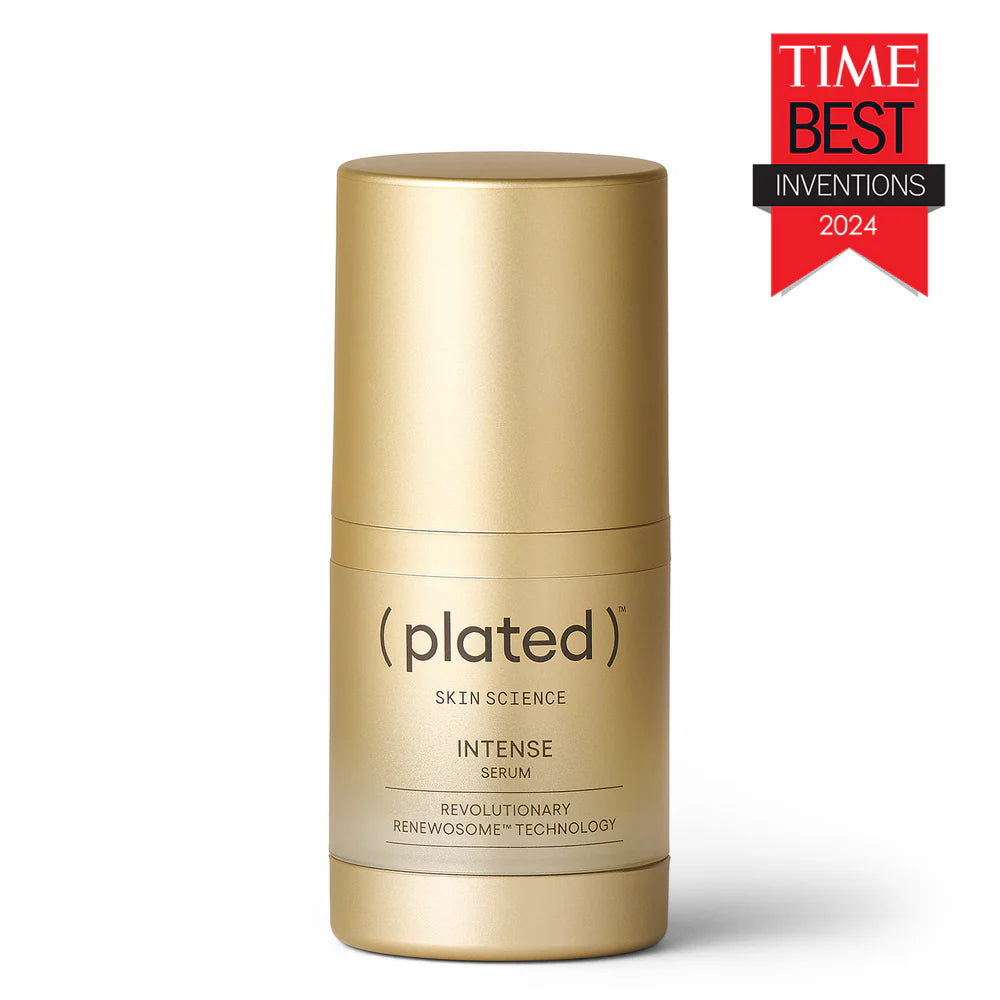 Gold skincare serum bottle labeled 'plated' with 'TIME BEST INVENTIONS 2024' badge on a white background